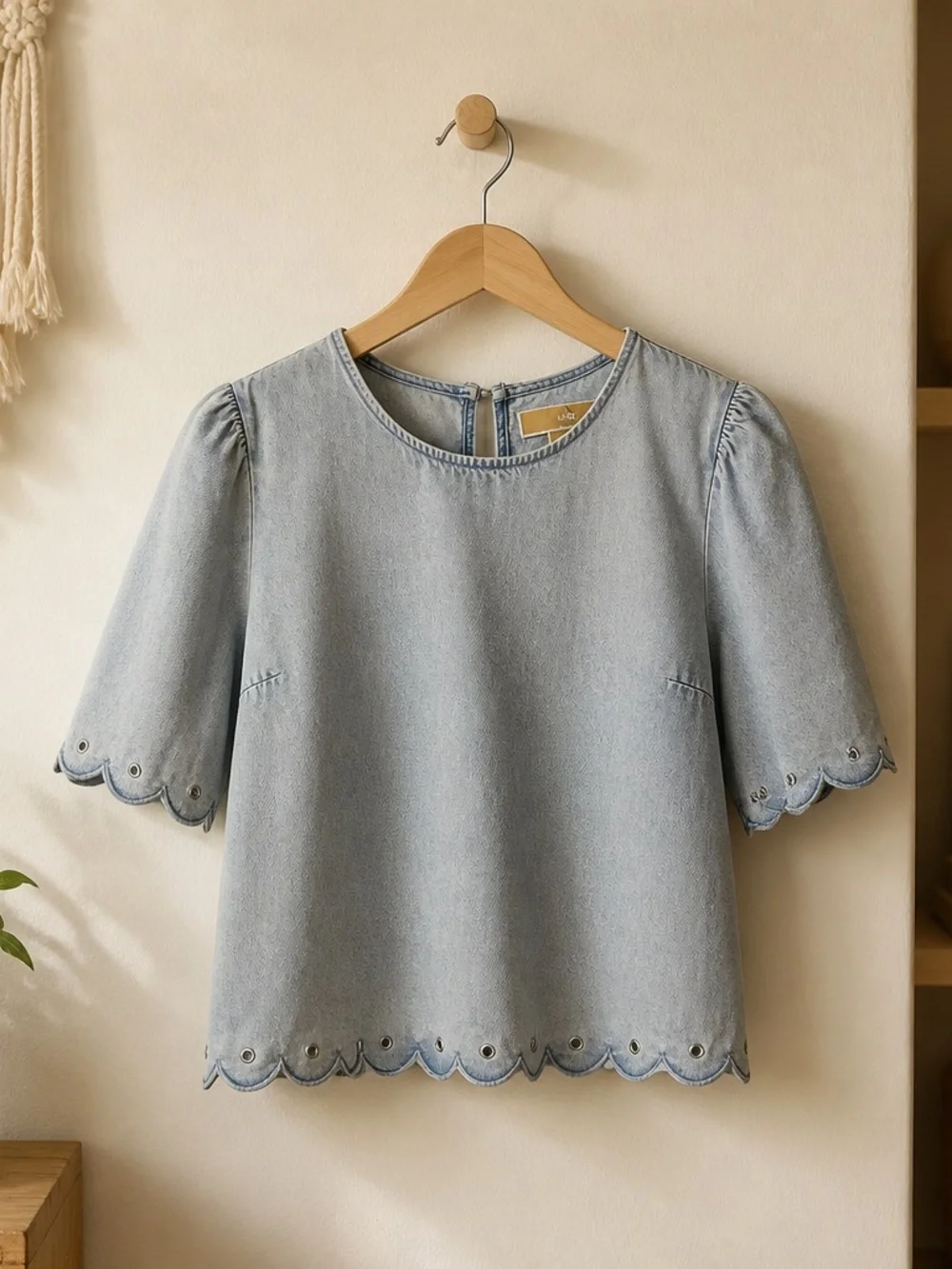 Micheal  Kord Blue Scallop-Hem Denim Top